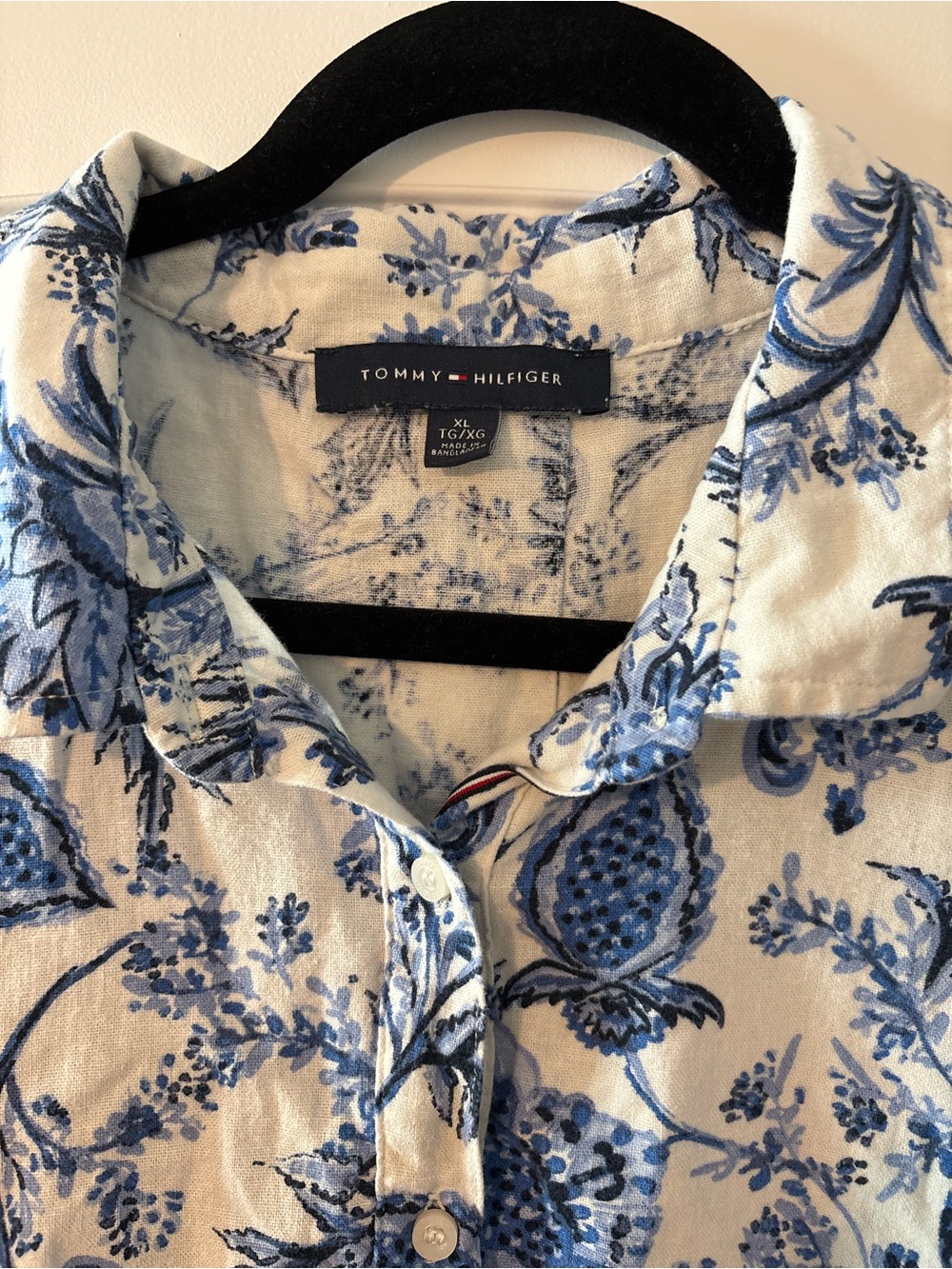 Tommy Hilfiger Blue Floral Linen Blend Blouse XL Short Sleeve Cottagecore Preppy